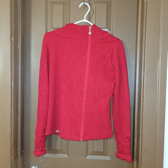 Tonia Debellis red textured heavyweight off center zip hooded jacket - Picture 2 of 7